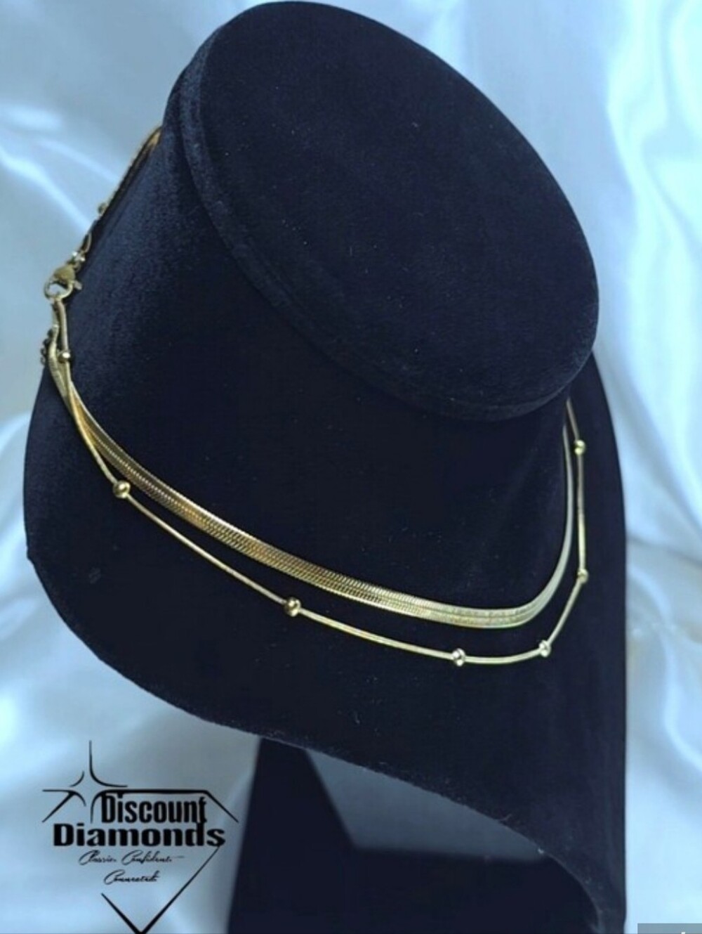 Herringbone & Ball Double Chain Choker Necklace 18K Yellow Gold over Titanium